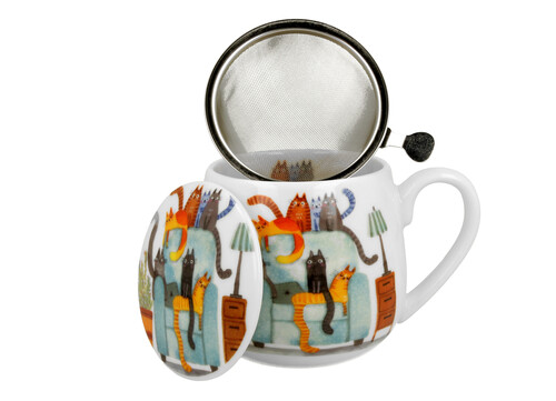Porcelánový sudový hrnček so sitkom a krytom Mačky na pohovke 430 ml