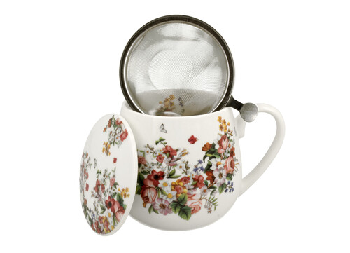 Porcelánový sudový hrnček so sitkom a krytom Vintage kvety 430 ml
