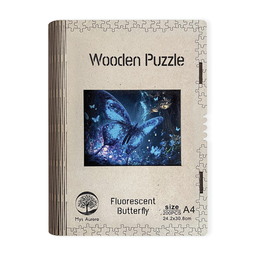 Trigo Drevené puzzle Fluorescenčný motýľ A4
