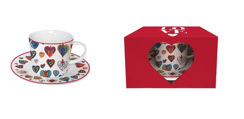Porcelánová šálka s podšálkou Farebné srdcia malé 220 ml