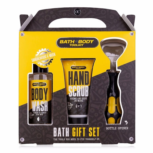 Kúpeľový set Bath and Body toolkit v darčekovej krabičke vr. 100ml mlieko telové, 50ml peeling na ruky, otvárač na fľaše, vôňa: santalové drevo a pižmo