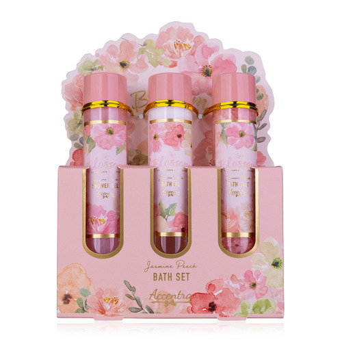 Kúpeľový set Blossom v darčekovej krabičke vr. 60ml Sprchový gél, 60ml olej do kúpeľa, 70g soľ do kúpeľa, vôňa: jazmín a broskyňa