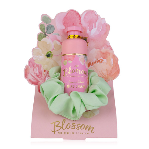 Wellnes set Blossom v darčekovom balení, vr. 60ml Krém na ruky a nechty, gumička do vlasov, vôňa: jazmín a broskyňa