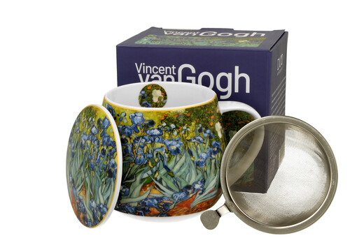 Porcelánový sudový hrnček so sitkom a krytom Vincent Van Gogh - Irises 430 ml