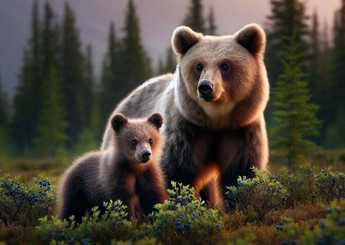 (B) 3D pohľadnica Bear Mom & Cub AI (Mama medveď a mláďa)
