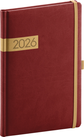 Týždenný diár Twill 2026, bordó-zlatý, 15 x 21 cm