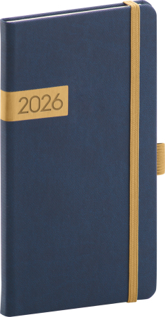 Vreckový diár Twill 2026, modro-zlatý, 9 x 15,5 cm