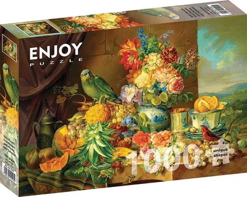 Puzzle Josef Schuster: Zátišie s ovocím, kvetmi a papagájom