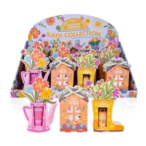 Set kúpeľový GARDEN DREAMS 4 motívy (Krém na ruky a nechty 20ml, mydlo 60g, peeling na ruky 50ml), vôňa: lúčna kvetina