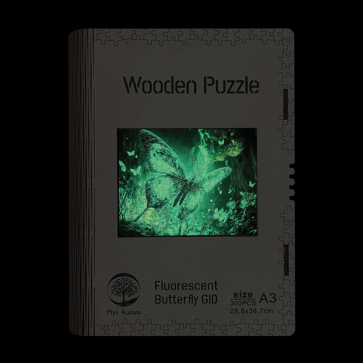 Drevené puzzle Fluorescenčný motýľ A3 (svietiace v tme)