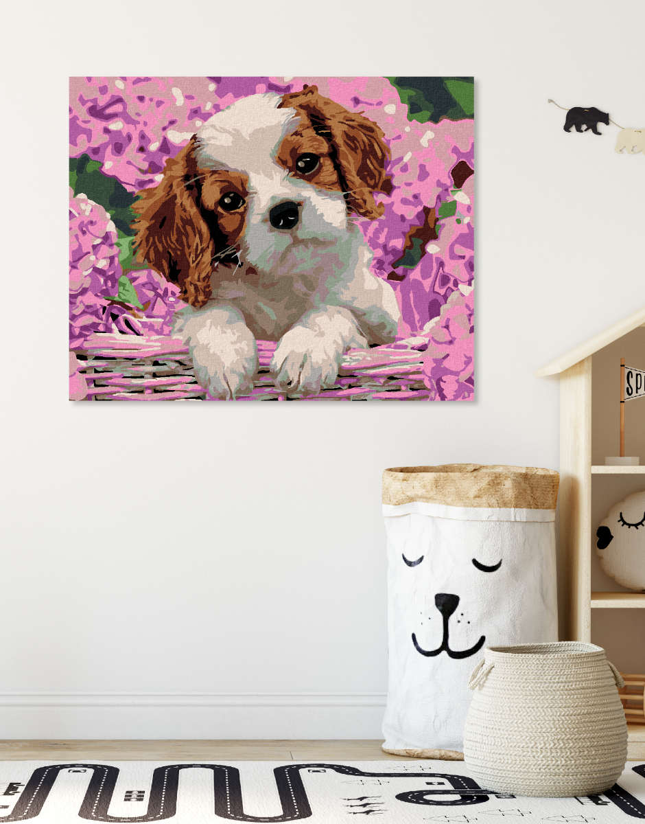 Maľovanie podľa čísel Šteniatko a hortenzie 40x50cm Zuty