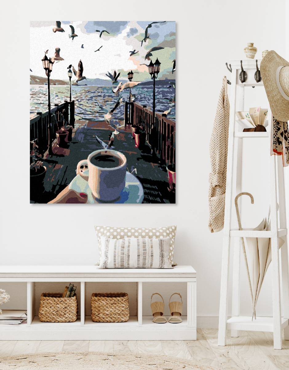 Maľovanie podľa čísel Šálok kávy a čajky nad morom 40x50cm Zuty