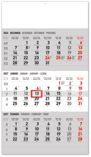 NOTIQUE Nástenný kalendár 3-mesačný štandard sivý – so slovenskými menami 2027, 29,5 x 43 cm