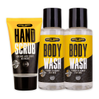Kúpeľový set Bath and Body toolkit v plastovej vani, vr. 2 x 100 ml Sprchový gél, 50 ml peeling na ruke, 15 g sieťovaná huba, vôňa: santalové drevo a pižmo