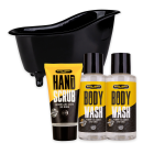 Kúpeľový set Bath and Body toolkit v plastovej vani, vr. 2 x 100 ml Sprchový gél, 50 ml peeling na ruke, 15 g sieťovaná huba, vôňa: santalové drevo a pižmo