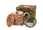 Porcelánový sudový hrnček so sitkom a krytom William Morris - Strawberry Thief Red 430 ml