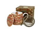 Porcelánový sudový hrnček so sitkom a krytom William Morris - Strawberry Thief Red 430 ml