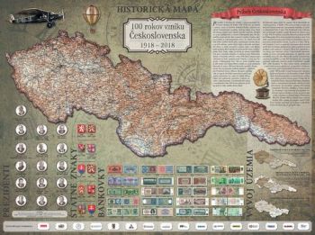 Historická mapa nástenná 100 rokov vzniku Československa 1918-2018