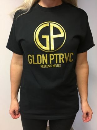 GLDN PTRVC neskúsiš nevieš: zlatá potlač/čierne tričko, L