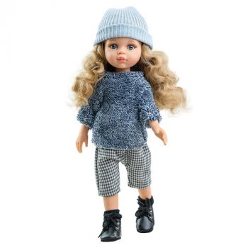Bábika Las Amigas Carla v károvaných nohaviciach s čiapkou 32cm
