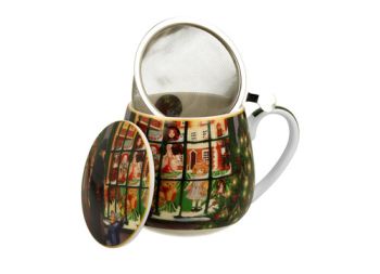 Porcelánový sudový hrnček so sitkom a krytom Vianočné okno 430 ml