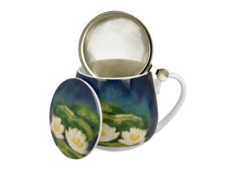 Porcelánový sudový hrnček so sitkom a krytom Claude Monet - Nenufars 430 ml
