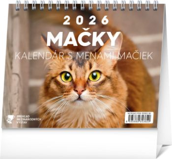 Stolový kalendár 2026 Mačky – s menami mačiek 2026, 16,5 x 13 cm