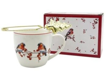 Hrnček 460 ml s kovovým sitkom  CHRISTMAS BIRDS 3