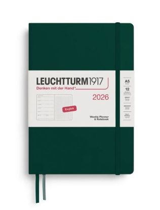 Týždenný plánovač & zápisník, bodkovaný Medium (A5) 2026, Forest Green, English