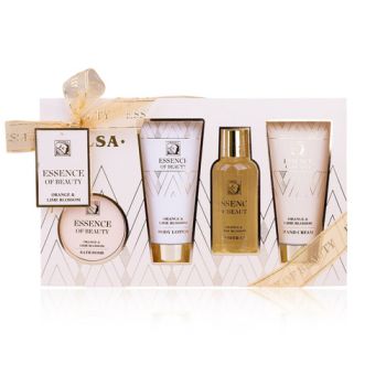 Set kúpeľový ESSENCE OF BEAUTY v darčekovom balení, vr. 100ml gél sprchový, 100ml mlieko telové, 100ml Krém na ruky, 90g fizzer, vôňa: pomarančový a limetkový kvet