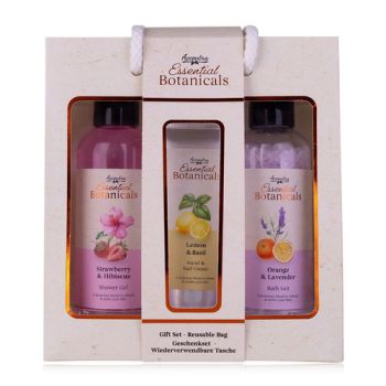 Set kúpeľový ESSENTIAL BOTANICALS v opakovane použiteľnej darčekovej taške, sprchový gél 200ml (vôňa: jahoda a ibištek), soľ kúpeľová 230g (vôňa: pomaranč a levanduľa), Krém na ruky a nechty 60ml (vôňa: citrón a bazalka)