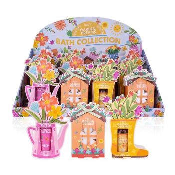 Set kúpeľový GARDEN DREAMS 4 motívy (Krém na ruky a nechty 20ml, mydlo 60g, peeling na ruky 50ml), vôňa: lúčna kvetina