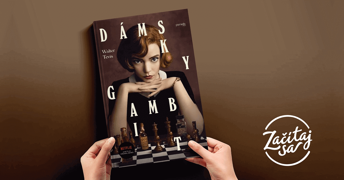 Obálke knihy Dámsky gambit dominuje tvár hlavnej hrdinky rovnomenného seriálu Beth Harmonovej v podaní Anye Taylor-Joy