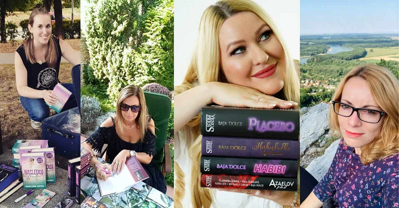 Zľava: Michaela Zamari, Simona Rošková, Baja Dolce, Zuzka Šulajová Slovenské spisovateľky Michaela Zamari, Simona Rošková, Baja Dolce, Zuzka Šulajová