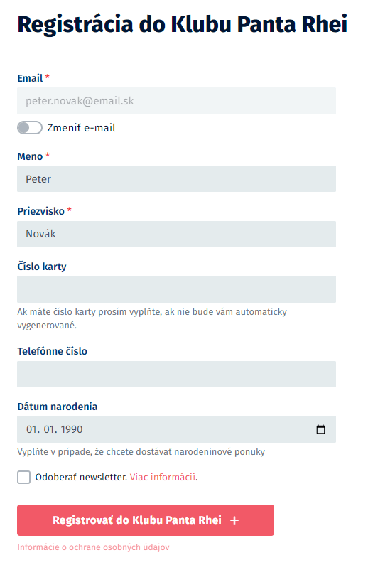 formulár registrácia do klubu Panta Rhei